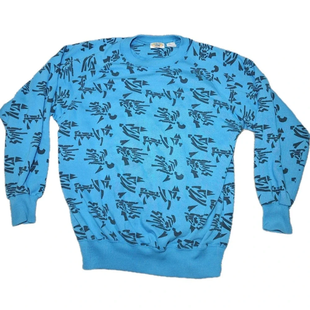 Vintage 80s Players Club Abstract‎ Print Sweatshirt Teal Blue Small AOP